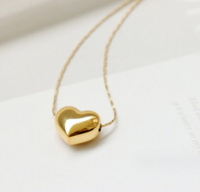 14K Gold Stainless Steel Puff Heart Pendant Necklace 16-18" Chain Women AC