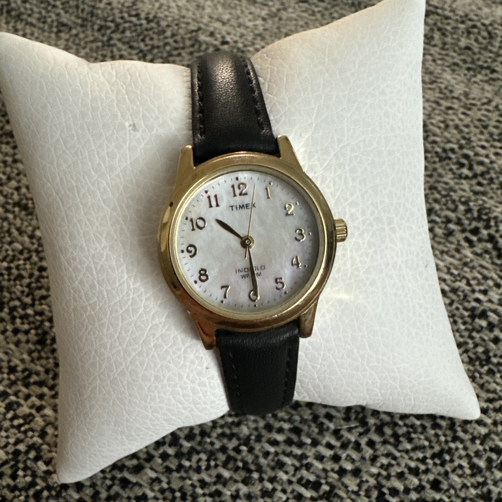 Timex Watch Women 25mm Gold Tone MOP Indiglo Leather Band New Battery