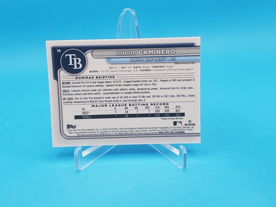 Junior Caminero 2024 Bowman Chrome RC 56 Mojo Refractor Tampa Bay