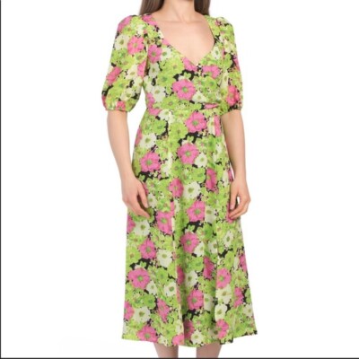 NWT WAYF SURPLICE NECK GREEN FLORAL MIDI DRESS L women's | eBay