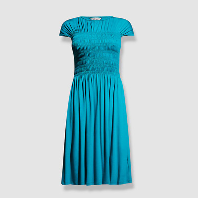$298 Trina Turk Women's Blue Entertain Smocked Knee-Length Dress Size Medium