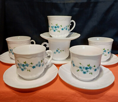 6er Set große Tassen und Untertassen Frühstück Arcopal Myosotis