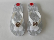 Michael Kors Size 2 to 3 White  Silver MK Logo Jet Set Flip Flop Thong Sandals