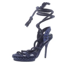 CHRISTIAN DIOR Navy Blue Tahiti Suede Lizard Leather Rope Lace Up Sandals 37.5