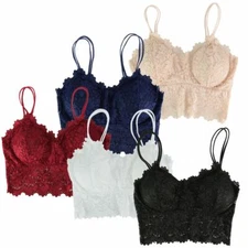 Sexy Women Lace V Neck Padded Lingerie Crochet Bralette Bra Crop Top Cami Tank