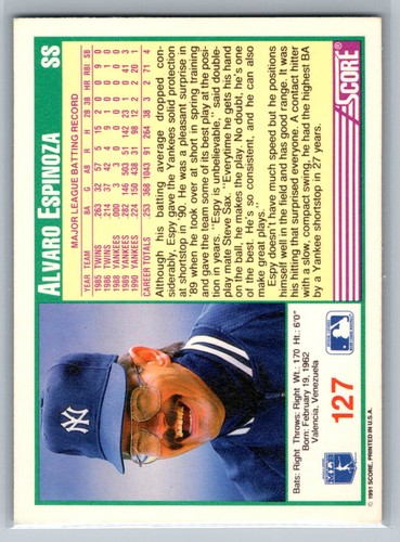 1991 Score Baseball #127 Alvaro Espinoza New York Yankees - Picture 2 of 2