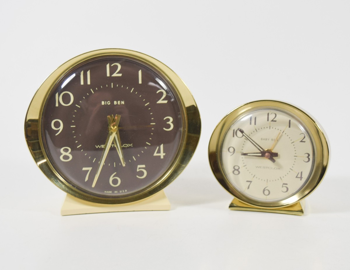 2 Vintage Westclox Alarm Clocks Big Baby Ben Chrome Cream Brown