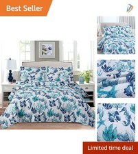 Reversible Teal Blue King Size Quilt Set with Seashell Design - Summer Comfort