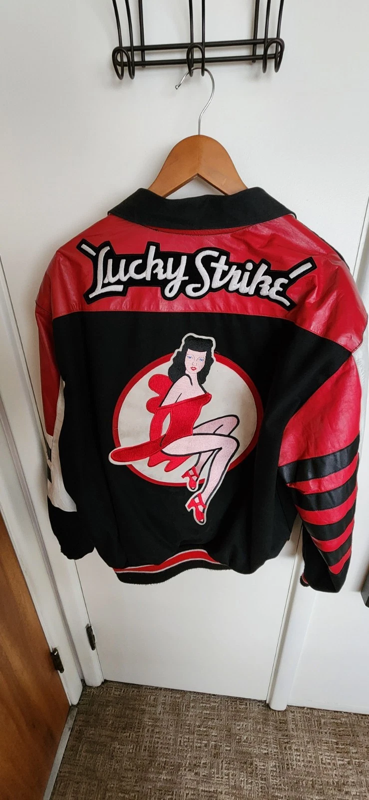 Vintage LUCKY STRIKE racing Leather Bomber Jacket Sz Large Jeff Hamilton image 1