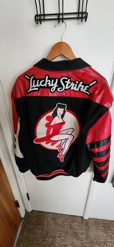 Vintage LUCKY STRIKE racing Leather Bomber Jacket Sz Large Jeff Hamilton - product listing photo