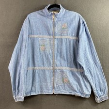 Vintage 90's Floral Embroidered Jean Jacket Size Large Zip-Up Pockets Festival
