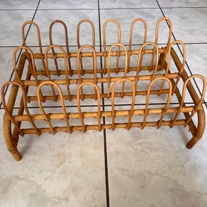 Vintage Rattan Shoe Rack Boho Wicker Entryway Organizer Mid Century