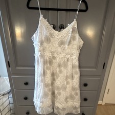 Women s White/Gray Floral Lace Trim Slip Chemise Adjustable Straps Size M