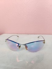 Vintage Y2K Rimless Shield Sunglasses Iridescent Rainbow Lens Futuristic Blue