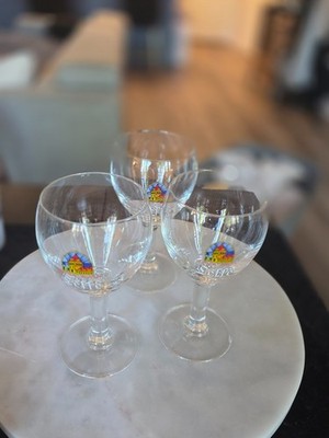Vtg Leffe Belgian Abbey Ale Beer Glasses Set of 3 Stained Glass Logo Chalices