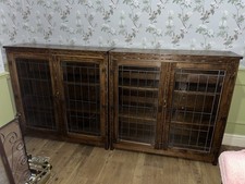 Pair Of Antique Oak 4 Door Glazed Glass Fronted Carved Book Case Bookcases