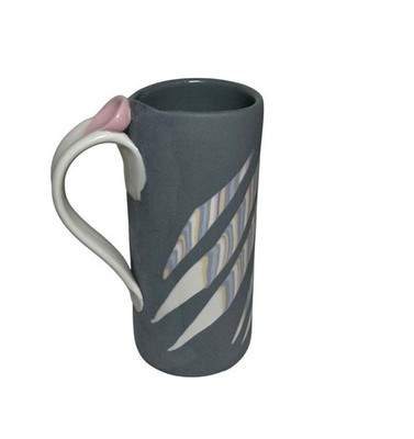 Handmade Studio Pottery Mug, Tall Ceramic Coffee Cup, Gray Artisan Mug with Scul