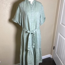 Haven Well Within Green 100% Linen Tiered Midi Shirt Dress Small NWT