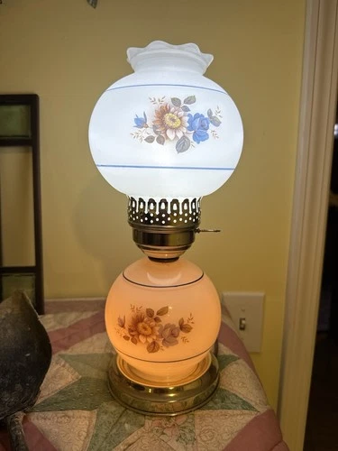 Vintage Milk Glass Hurricane Table Lamp Floral Blue Stripe Gone With The Wind