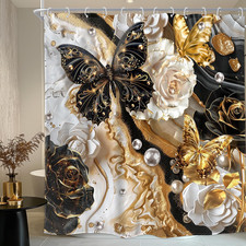 Black and Gold Marble Shower Curtain Butterfly Rose Floral Pearl Abstract Modern