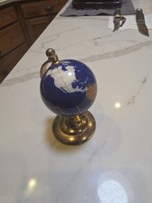 Globe Blue Lapis Semi Precious Inlaid Gemstones Brass Stand Desktop 4 in