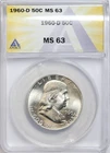 1960-D 50c Franklin Silver Half Dollar ANACS MS63 - Nice Looking White Coin