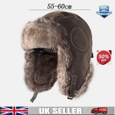 Leather Ushanka Trapper Hat - Faux Fur Lined Russian Style Ski Warm Winter Cap
