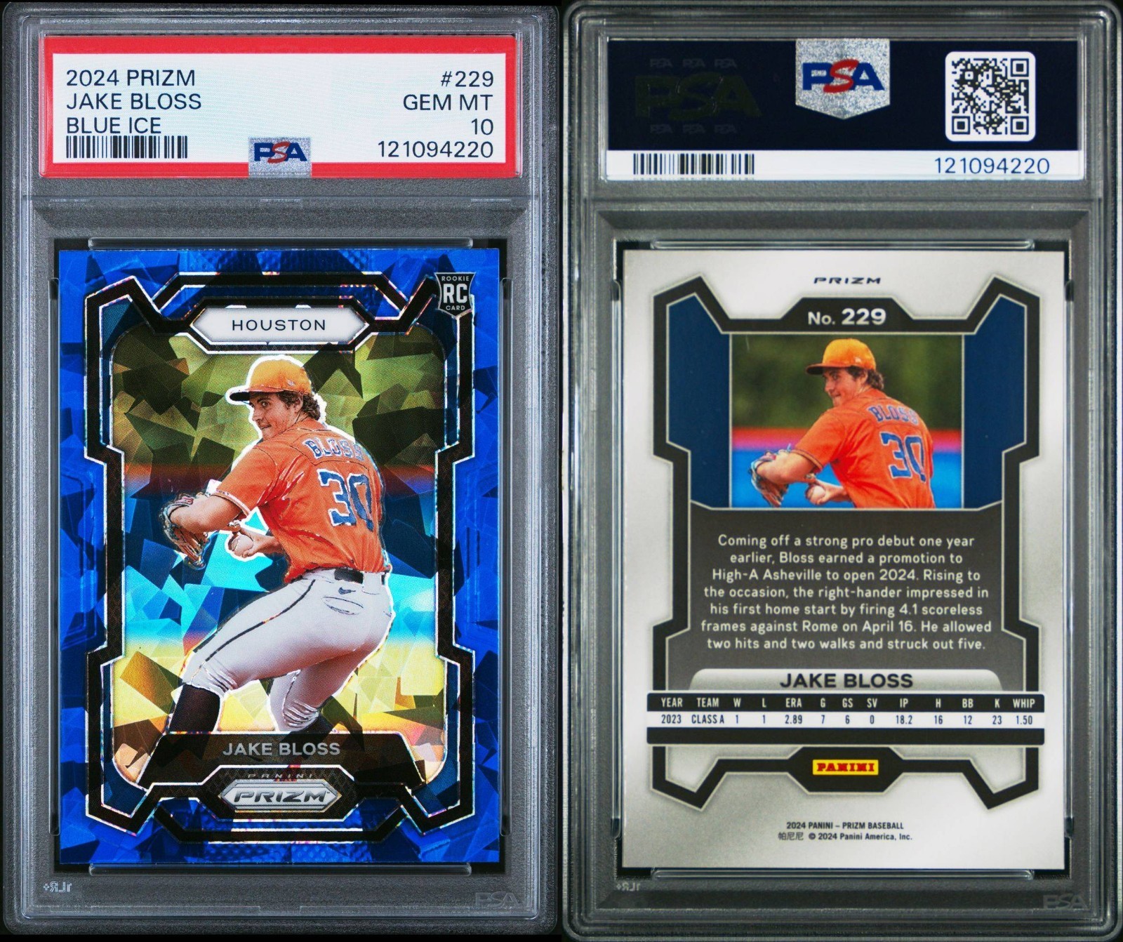 2024 Panini Prizm Jake Bloss #229 Blue Ice Prizm (RC) Houston Astros PSA 10