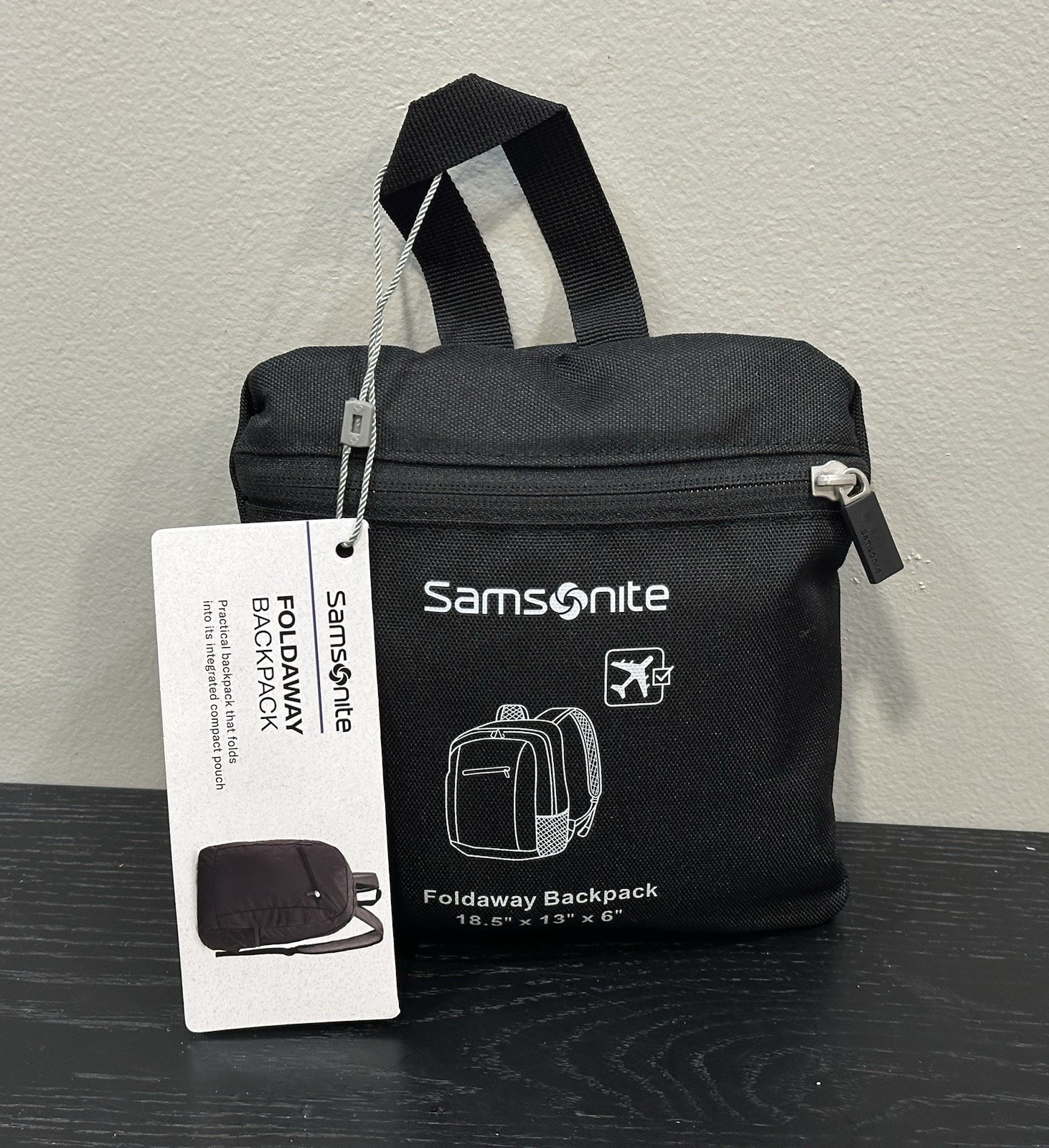 Samsonite Foldaway Travel Backpack, Black Pockets Compact Pouch NEW