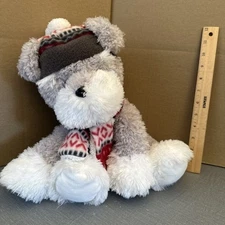 Hugfun International Stuffed Plush Dog 14" Gray White Red Winter Scarf Animal