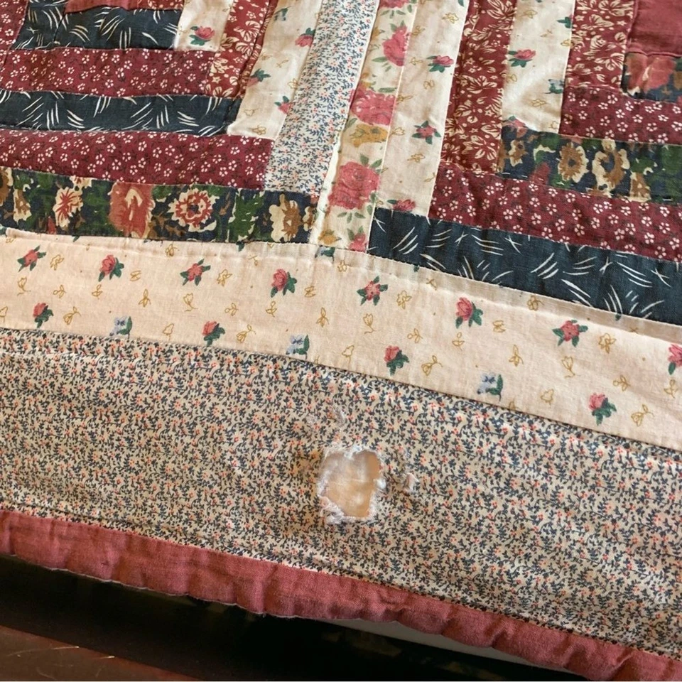 Vintage Handmade Patchwork Quilt Log Cabin Multicolor Imperfect Flawed 83.5x82.5 - Image 2 of 4