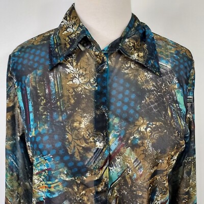 Faded Glory Shirt Top Sheer Mesh Women Plus 16W Stretch Snap Front Bell Sleeve