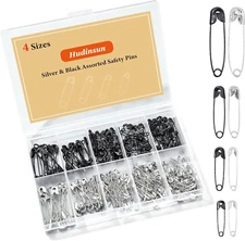 210 PCS 4 Different Sizes Silver and Black Safety Pins Assorted, Small and Large