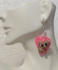 Tan Haired Puppy Hook Earrings 1 1/8" Lightweight Pink Dangle