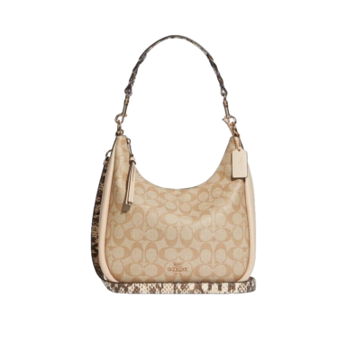 COACH Purse Hobo Pebble & Snake-Embossed Leather Light Khaki/Ivory