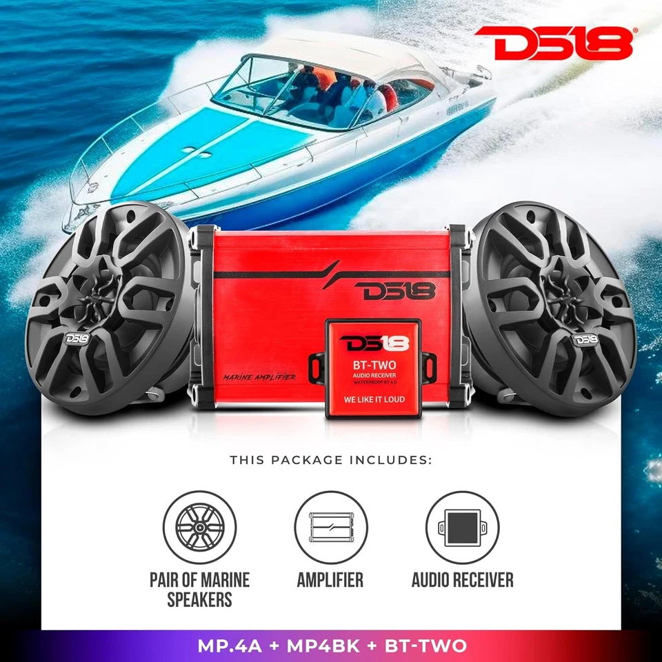 DS18 4" 2-Way Marine Speakers Bundle with Amplifier and Bluetooth Receiver - Image 2 of 4