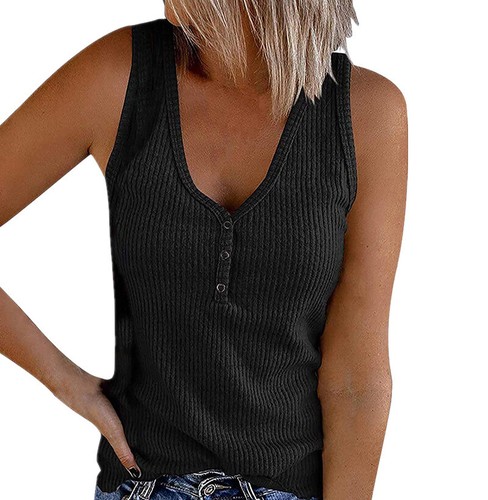 Damen Tank Top T-Shirt Button Down Solid V-Ausschnitt Ärmelloses Top - Bild 8 von 19