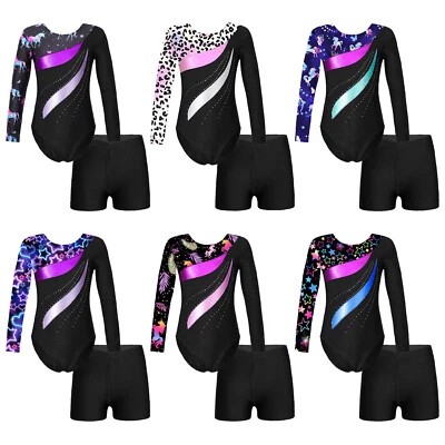 IIXPIN Girls Long Sleeve Gymnastics Leotard Workout Bodysuit with Shorts 2 Pieces Set