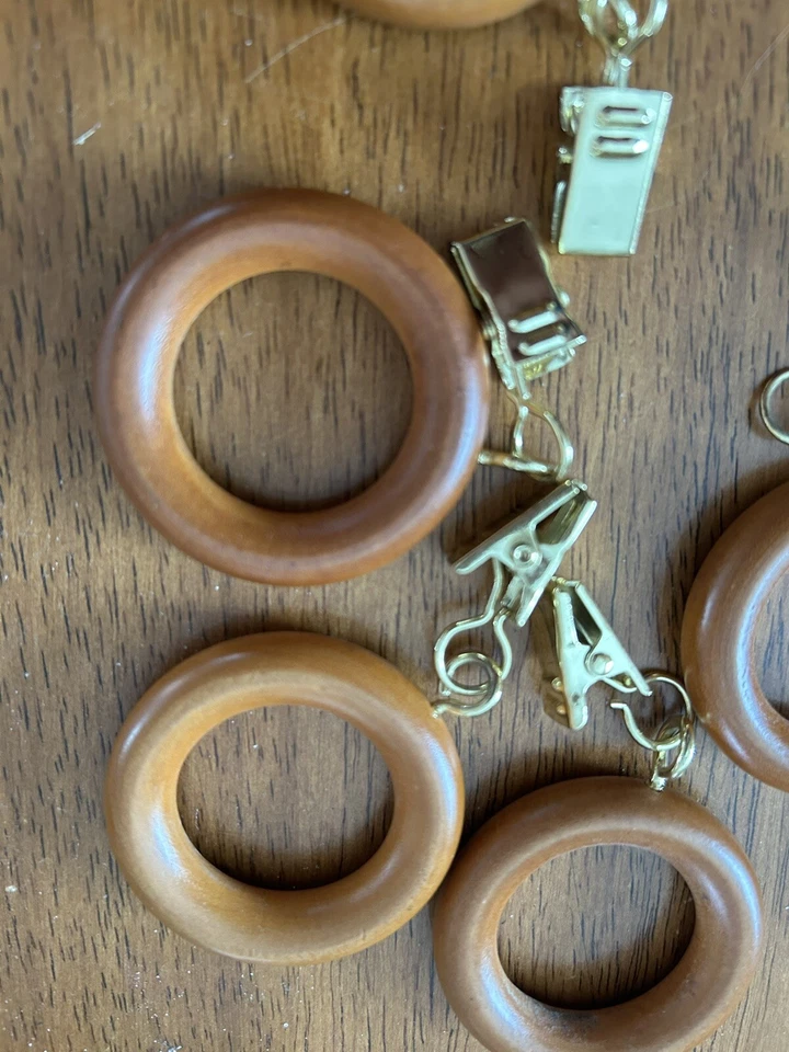 Set of 11 Faux Wood Curtain Rings with Clips Medium Brown with Gold tone Clips - Image 4 of 4