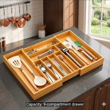 Expandable Bamboo Kitchen Drawer Organizer for Cutlery and Utensils Adjustable