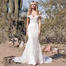 Boho Mermaid Wedding Dresses Off Shoulder Lace Applique Sweep Train Bridal Gowns