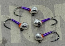 4ea. Offset head Purple Tinsel Perdigon nymphs in size #14. Excellent Euro Nymph
