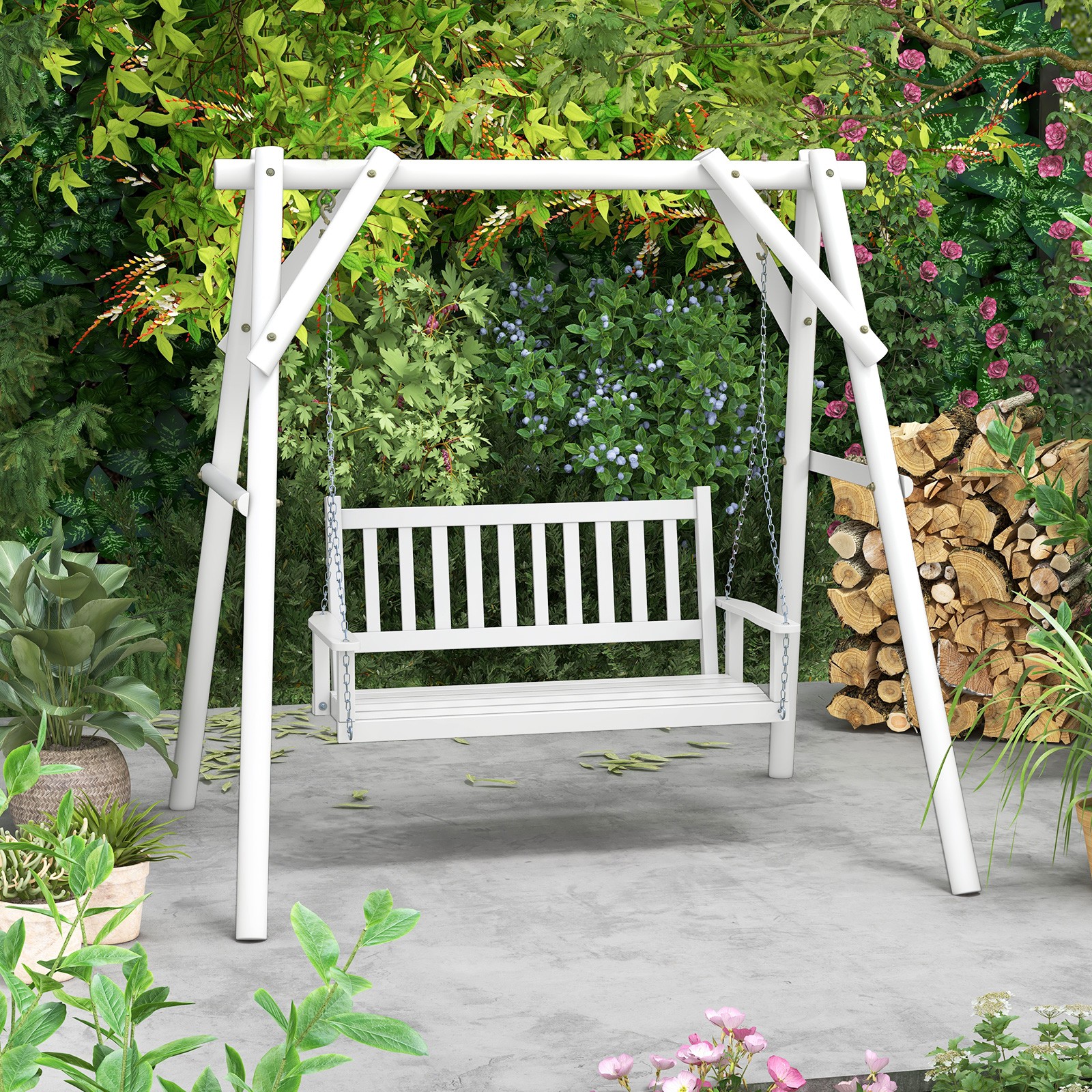 2-Person Wooden Outdoor Porch Swing Heavy Duty Patio Hanging Bench Chair