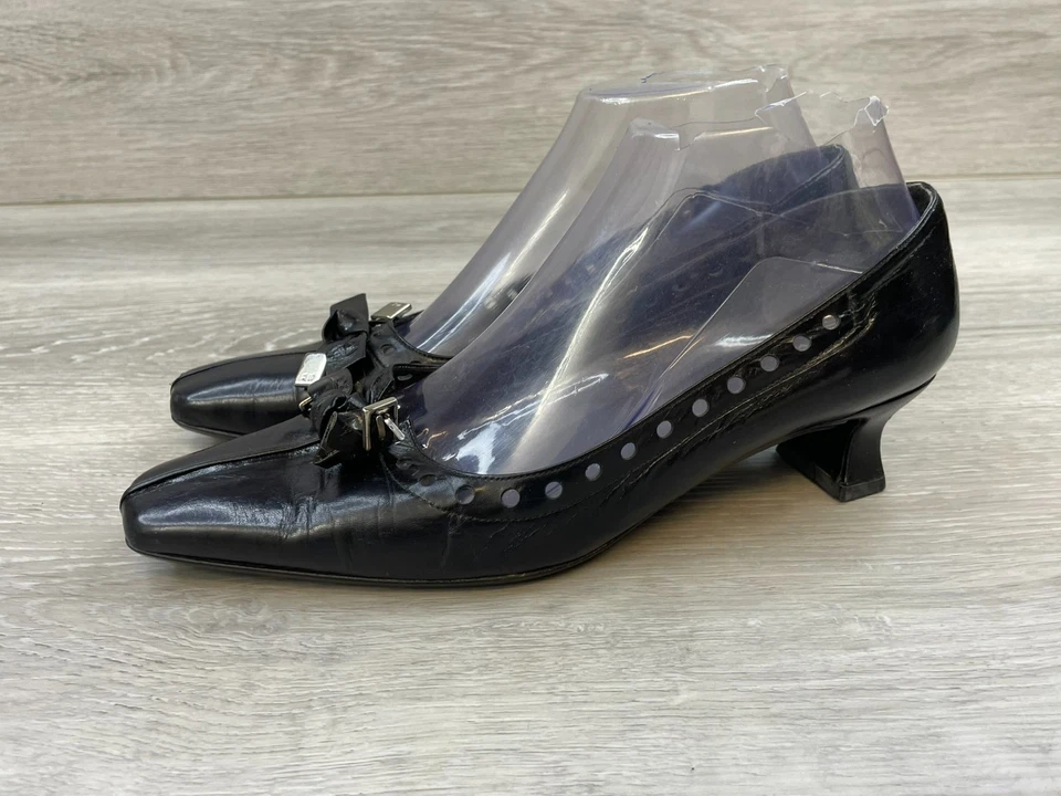 Stuart Weitzman Poco Para Mujer 6 Negro Bomba Cuero Tacón Arco Nudo Negocios Informal Foto 3 de 4