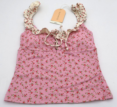 Blogilates Women's Ruffle Lace Up Tank Top - Pink Floral Size Small NWT