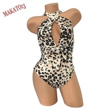 Aerie Size MEDIUM Leopard Deep Plunge One Piece Swimsuit Tie Front Full Coverage