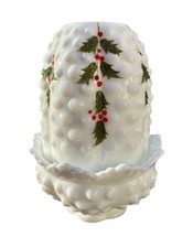 Fenton milk glass hobnail fairy lamp with Holly decoration Signed Estate Find
