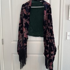 Women s Floral Black, Purple, and Green Velvet Shawl with Tassles