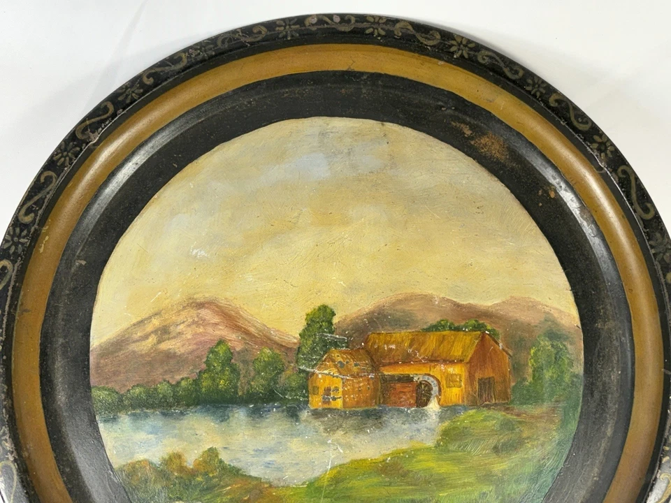 1880s PRIMITIVE HAND PAINTED METAL TRAY MILL SCENE LANDSCAPE FOLK ART PAINTING - Image 3 of 4