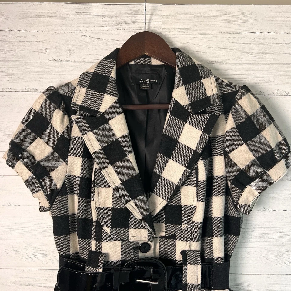 Blazer vintage Y2K para mujer - talla M - chaqueta de manga corta a cuadros con cinturón blanco y negro Foto 3 de 4